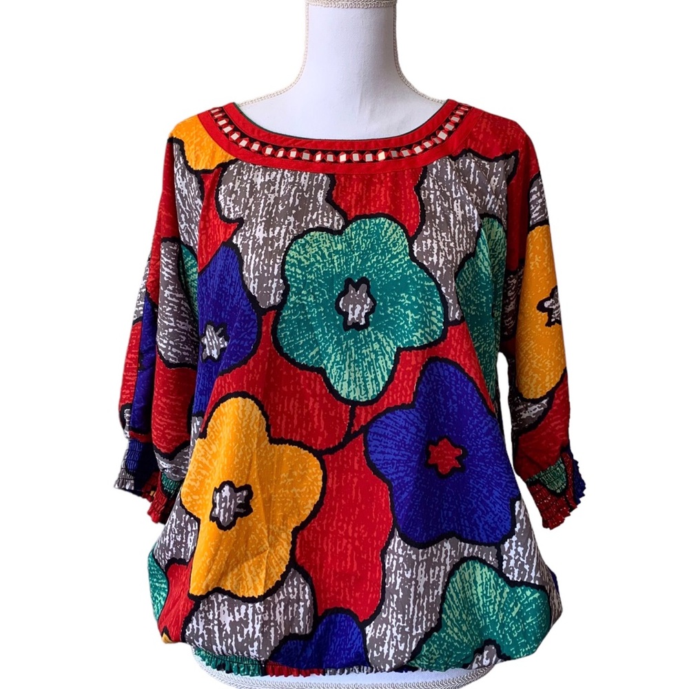 ANOUK MULTICOLOR FLORAL PRINT SMOCKED HEM SHORT SLEEVE BLOUSE TOP